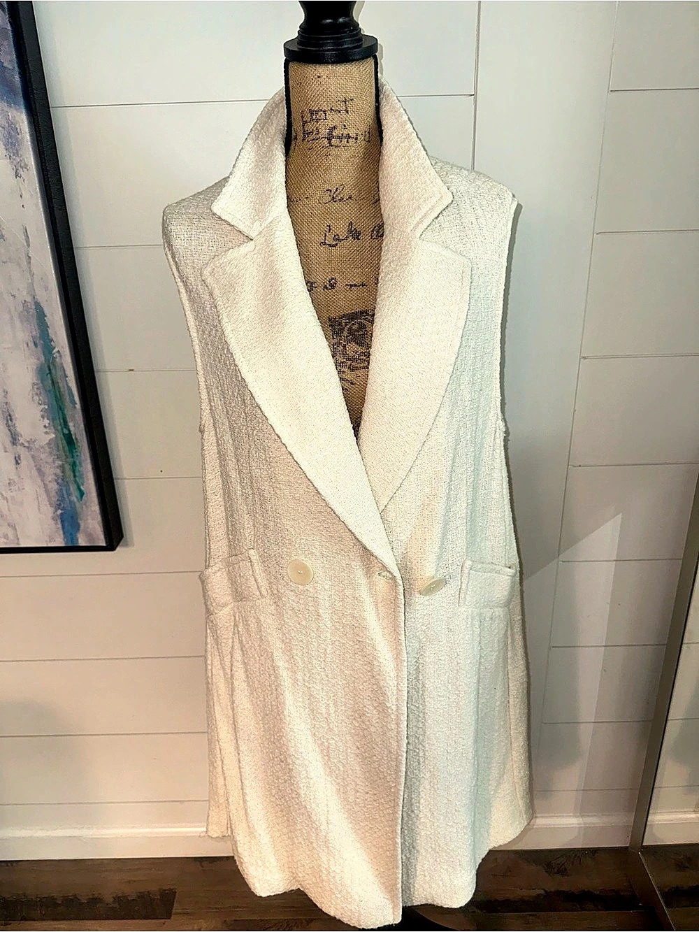 Zara Long Textured Waistcoat Vest in Cream Size Large
